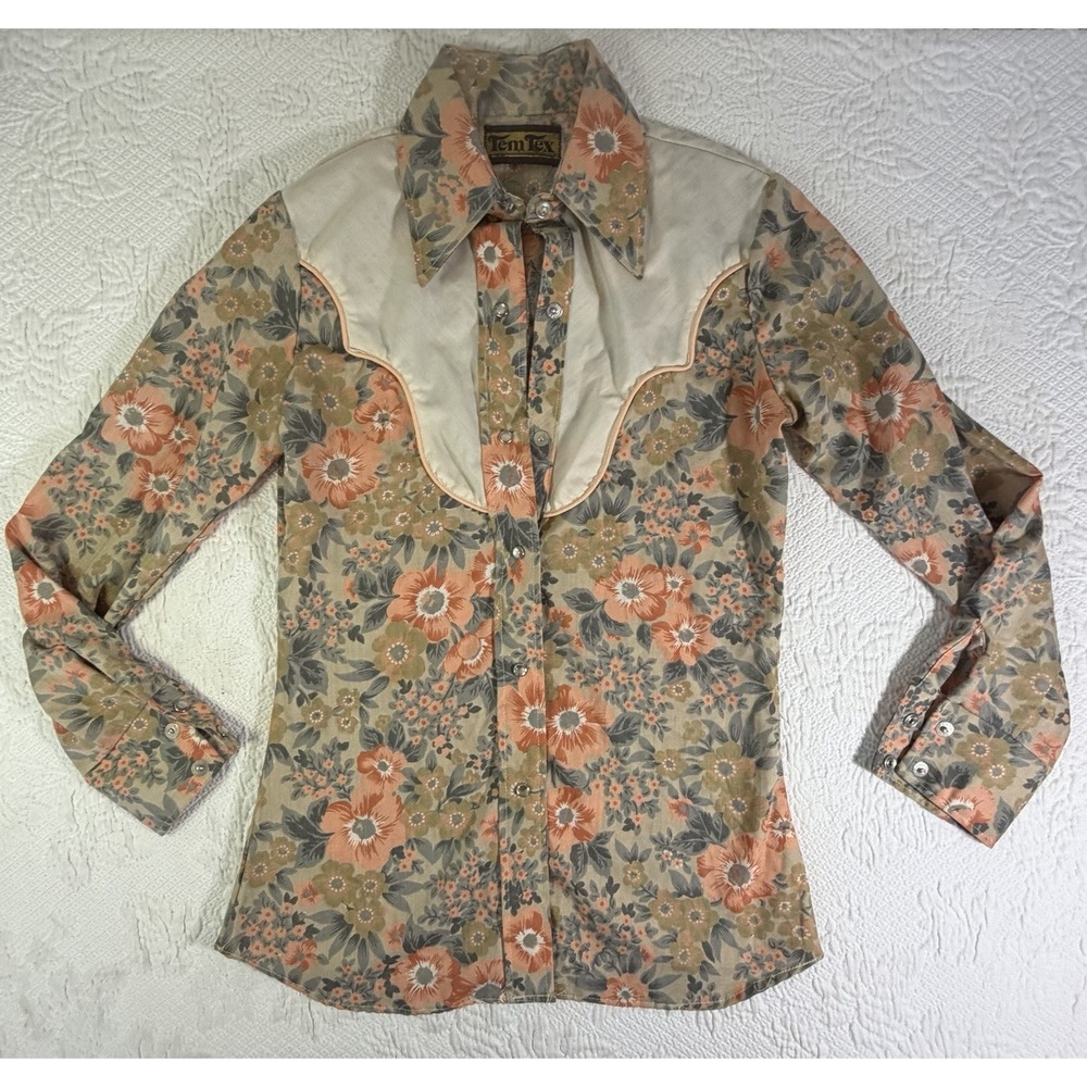 VTG 70s Tem Tex Western Pearl Snap Shirt Floral Rockabilly Made in USA Size 8/30